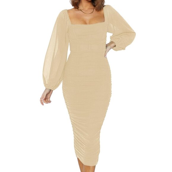 Women's Elegant Ruched Bodycon Dresses Square Neck Backless Fall Wedding Guest M - Picture 1 of 8